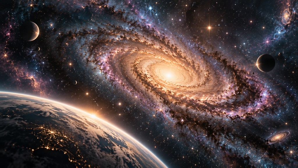 Earth and a spiral galaxy.