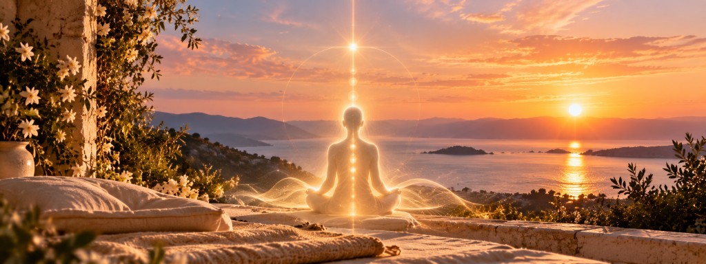A seated figure in light at sunrise over the sea.