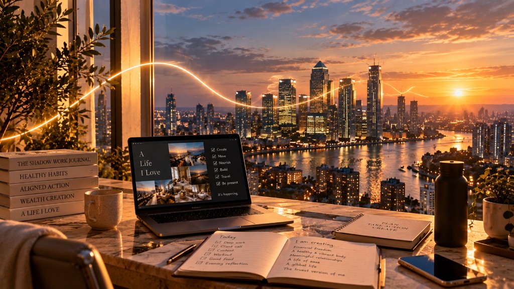 A desk looking out over the city at sunset.
